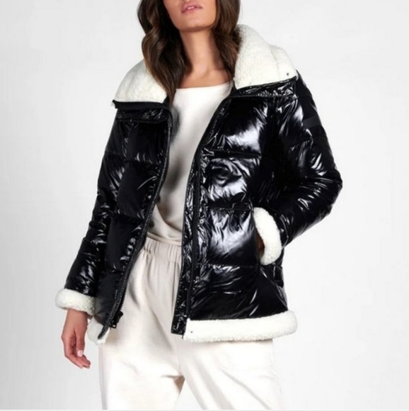 SANCTUARY Down Shearling Puffer High Shine Black Jacket Coat Sherpa Feather M - Picture 2 of 10
